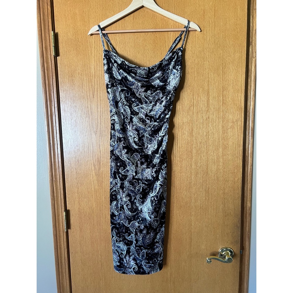Laundry by Shelli Segal Paisley Velvet Cowl Neck Sheath Dress Black White Size 0